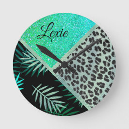 Glitterie Aquamarin tropische Leopardrucke Runde Wanduhr