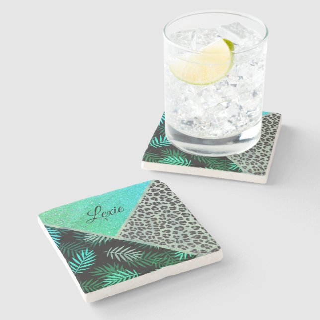 Glitterie Aquamarin tropische Leopardrucke Steinuntersetzer (Seitenansicht)