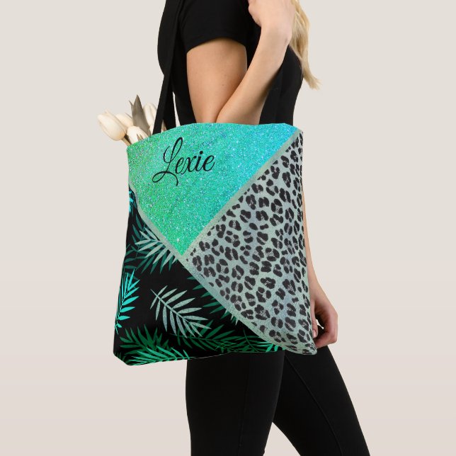 Glitterie Aquamarin tropische Leopardrucke Tasche (Von Nahem)