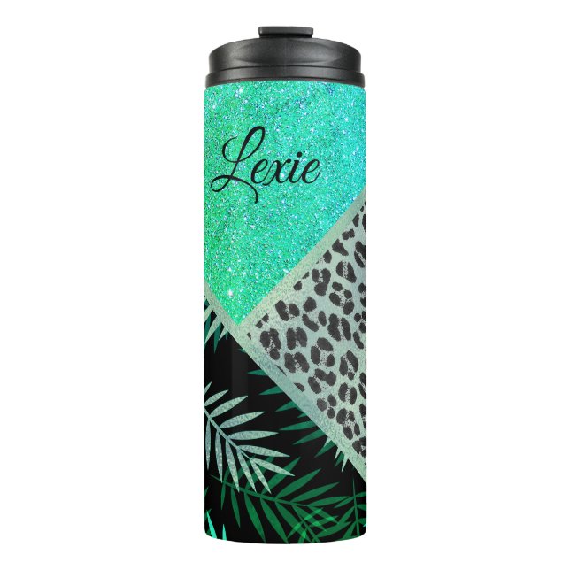 Glitterie Aquamarin tropische Leopardrucke Thermosbecher (Vorderseite)