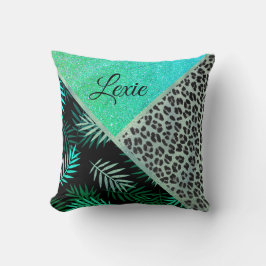 Glitterie Aquamarin tropischen Leopard Druck Perso Kissen