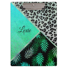 Glitterie Aquamarin tropischen Leopard Druck Perso Klemmbrett