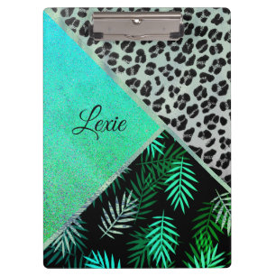 Glitterie Aquamarin tropischen Leopard Druck Perso Klemmbrett
