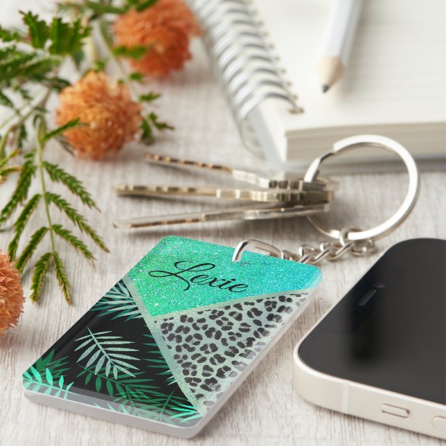 Glitterie Aquamarin tropischen Leopard Personalisi Schlüsselanhänger (Vorderseite rechts)