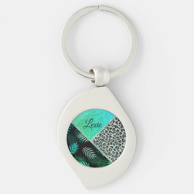 Glitterie Aquamariner tropischer Leopard-Druck kun Schlüsselanhänger (Vorderseite)