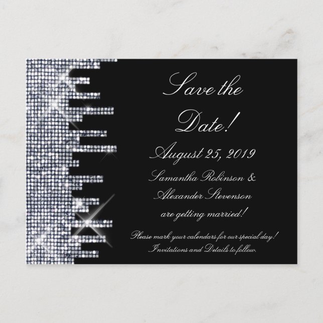 Glitterie Black/Silver Glamour Save the Date Ankündigungspostkarte (Vorderseite)