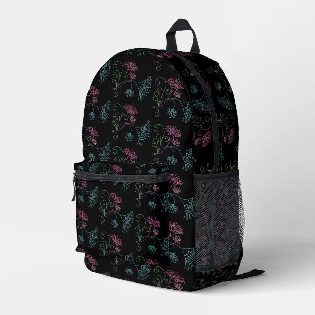 Glitterie-Blume-Design auf schwarz Bedruckter Rucksack (Rückseitige Ecke Rechts)