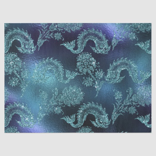 Glitterie Fische und Blume auf blauem Dekoupage Seidenpapier (Vorderseite)