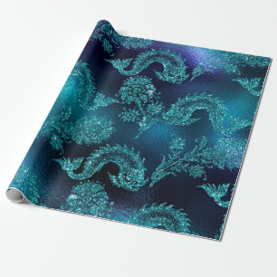 Glitterie Fische und Blume auf Blauleng Geschenkpapier