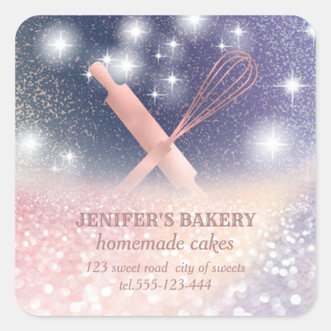 Glitterie Funkeln Button & Whisk Koch Bäckerei Quadratischer Aufkleber (Vorderseite)