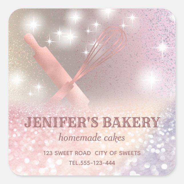 Glitterie Funkeln Button & Whisk Koch Bäckerei Quadratischer Aufkleber (Vorderseite)