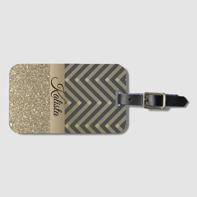 Glitterie Gold und Schwarz Zickzack Personalisiert Gepäckanhänger (Vorderseite (Horizontal))