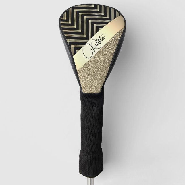 Glitterie Gold und Schwarz Zickzack Personalisiert Golf Headcover (Vorderseite)