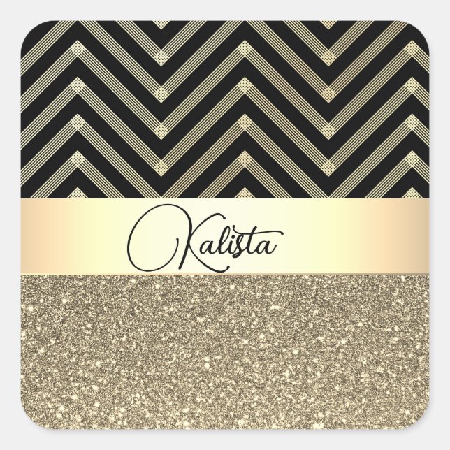 Glitterie Gold und Schwarz Zickzack Personalisiert Quadratischer Aufkleber (Vorderseite)