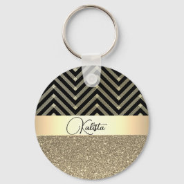 Glitterie Gold und Schwarz Zickzack Personalisiert Schlüsselanhänger