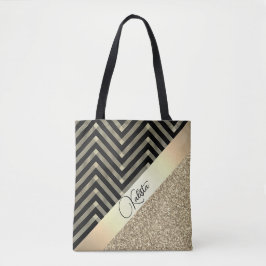 Glitterie Gold und Schwarz Zickzack Personalisiert Tasche