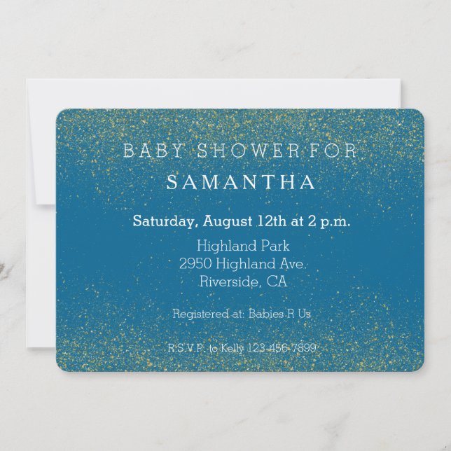 Glitterie Gold und Türkis Blue Babydusche Einladung (Vorderseite)