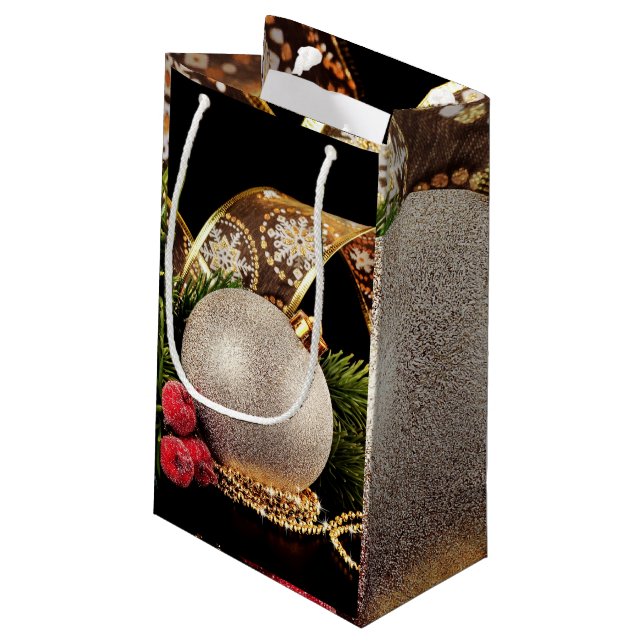 Glitterie Holiday Gold Ribbons Silberball Geschenk Kleine Geschenktüte (Rückseite Schrägansicht)