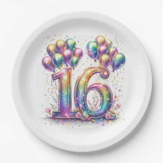 Glitterie Nummer 16 mit Balloons und Confetti Pappteller (Vorderseite)