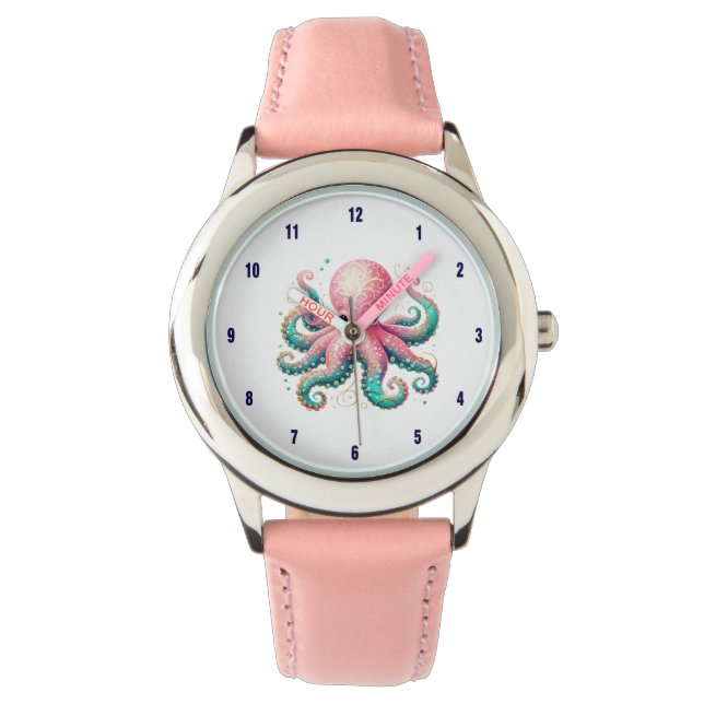 Glitterie Octopus auf Weiß Armbanduhr (Vorderseite)