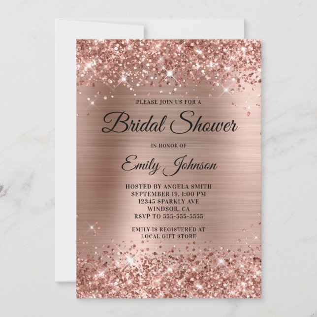 Glitterie Rose Gold Foil Extravagantes Script Brau Einladung (Vorderseite)