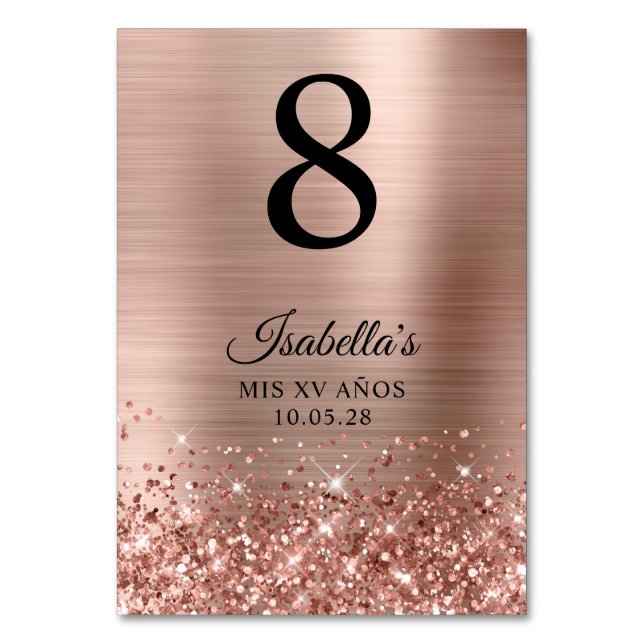 Glitterie Rose Gold Foil Mis XV Anos Tischnummer (Vorderseite)