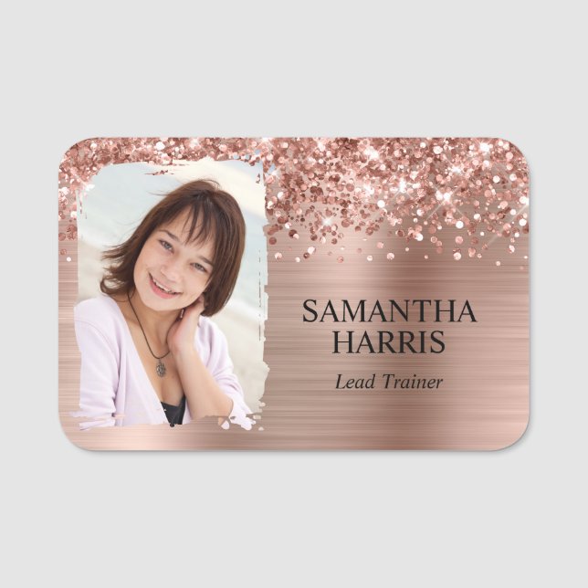Glitterie Rose Gold Foil Pinselstrich Foto Namensschild (Vorderseite)