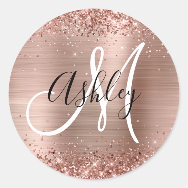 Glitterie Rose Gold Foil Schwarz und Weiß Monogram Runder Aufkleber (Vorderseite)