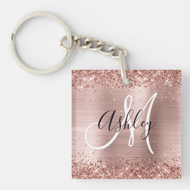 Glitterie Rose Gold Foil Schwarz und Weiß Monogram Schlüsselanhänger (Vorderseite)