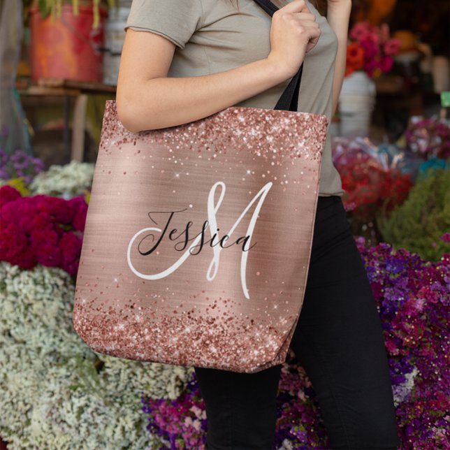 Glitterie Rose Gold Fossil Schwarz-weiß Mit Monogr Tasche (Glittery Rose Gold Foil Black White Monogrammed Tote Bag)