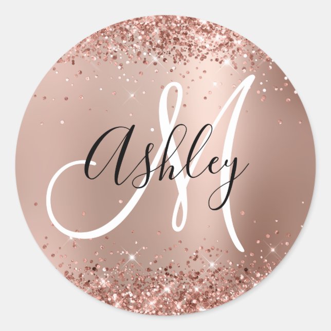 Glitterie Rose Gold Glam Gradient Monogram Runder Aufkleber (Vorderseite)