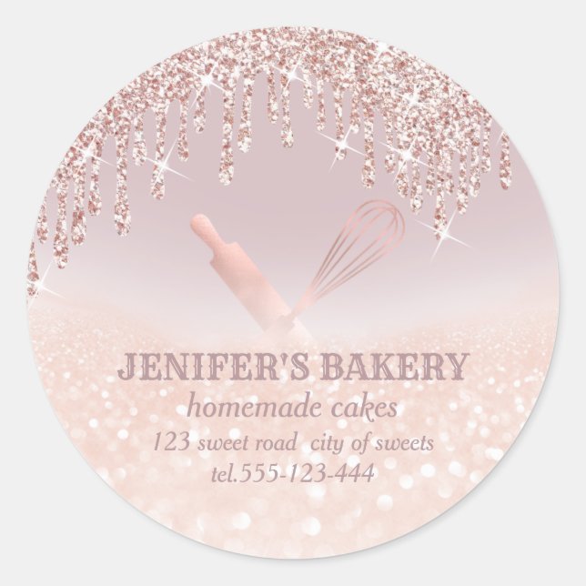 Glitterie Rose Gold Walzen Button & Whisk Koch Bäc Runder Aufkleber (Vorderseite)