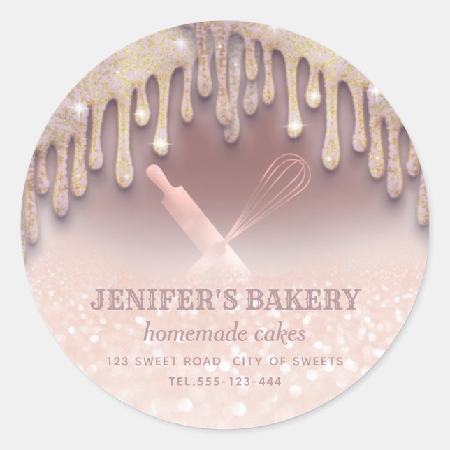 Glitterie Rose Gold Walzen Button & Whisk Koch Bäc Runder Aufkleber (Vorderseite)