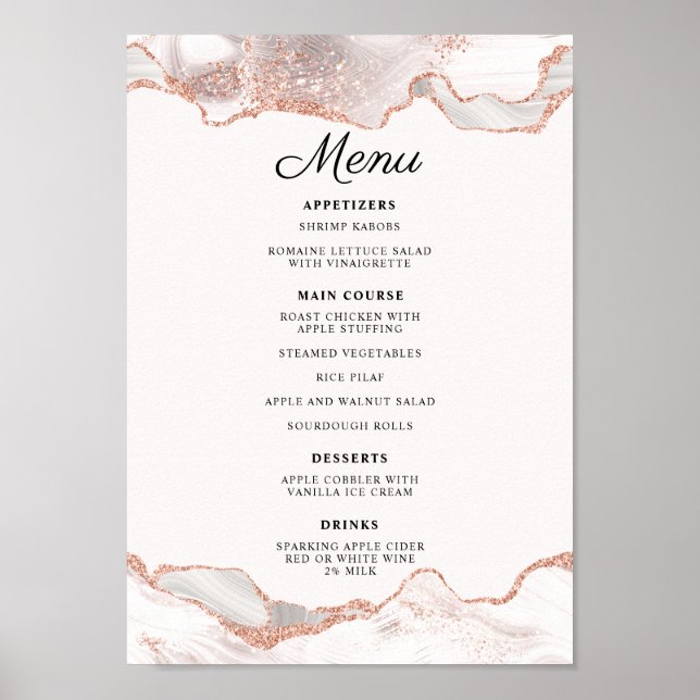 Glitterie Rose Gold White Agate 2 Grenz Menü A4 Poster (Vorne)