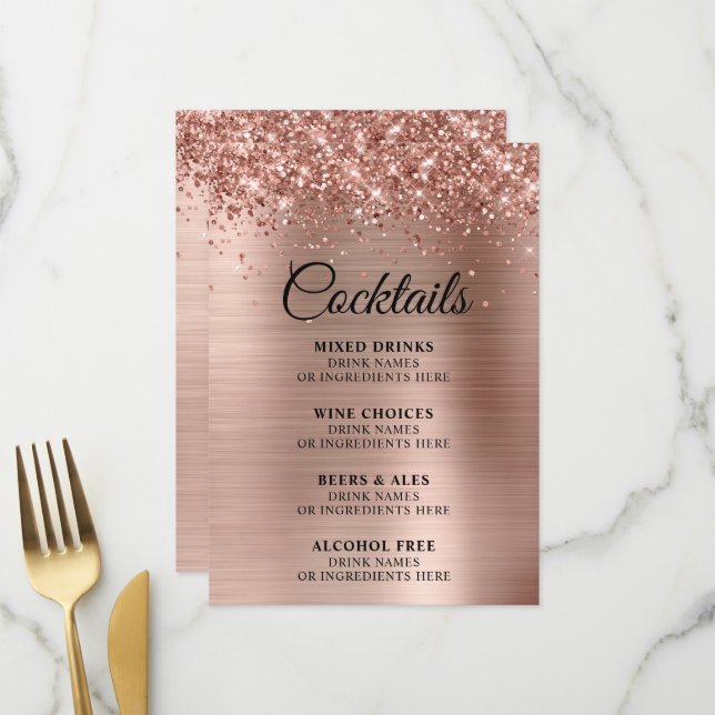 Glitterie Rose Goldene Foil Cocktails Bar Menükarte (Vorderseite/Rückseite Beispiel)