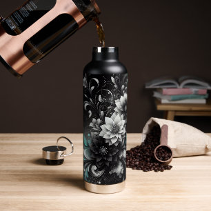 Glitterie Schwarz und Aquamarine Blüte Trinkflasche
