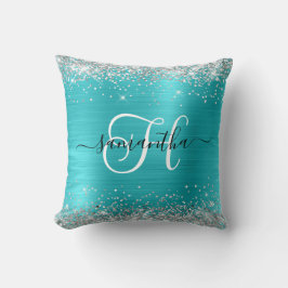Glitterie Silber und Türkis Blau Mit Monogramm Kissen