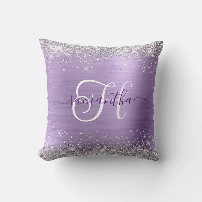 Glitterie Silver und Light Lila Glam Mit Monogramm Kissen (Vorderseite)