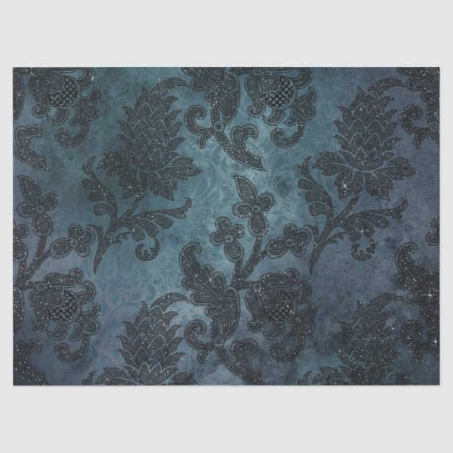 Glitterie-Stencil-Blume über Grün/Blau-Dekoupage Seidenpapier (Vorderseite)