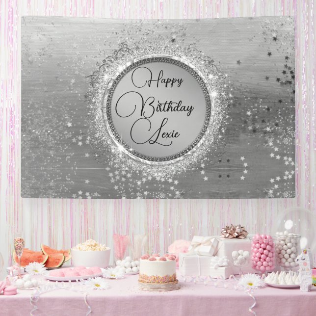 Glitterie Sterne auf Silberner Personalisierter Ge Banner (Party)