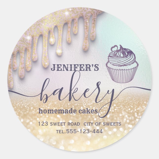 Glitterie Tropfens cupcake Koch Script Bäckerei Kl Runder Aufkleber (Vorderseite)