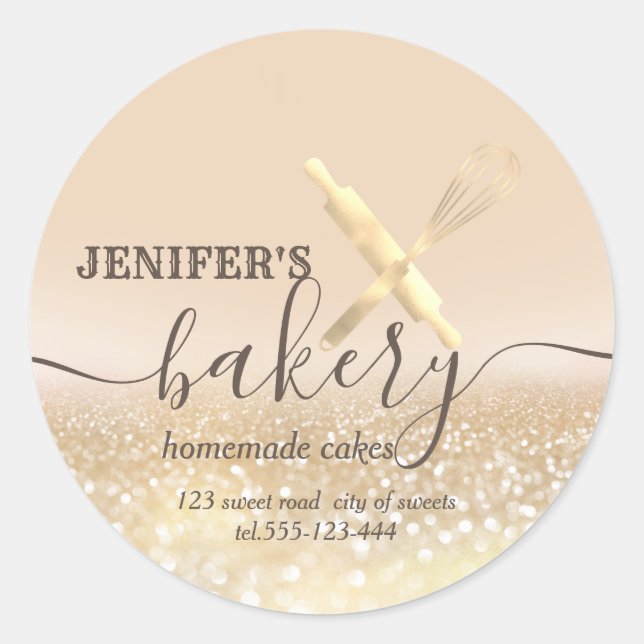 Glitterie Walzen Button & Whisk Koch Skript-Bäcker Runder Aufkleber (Vorderseite)