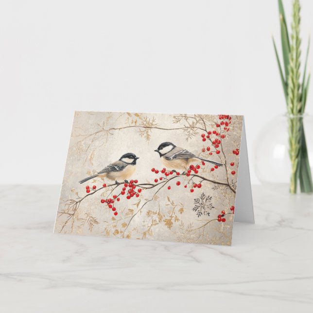 Glittering Chickadees mit Roten Berries Karte (Vorderseite)