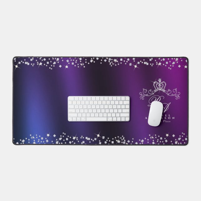 Glittering Crown Monogram Lila Blue Schreibtischunterlage (Tastatur & Maus)