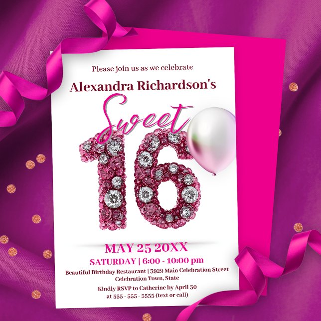 Glittering Edelsteine und Pink Balloon Sweet 16 Einladung (Von Creator hochgeladen)