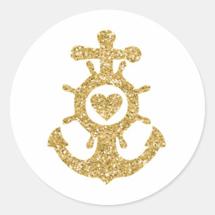 Glittering Gold Anker mit Herz Runder Aufkleber