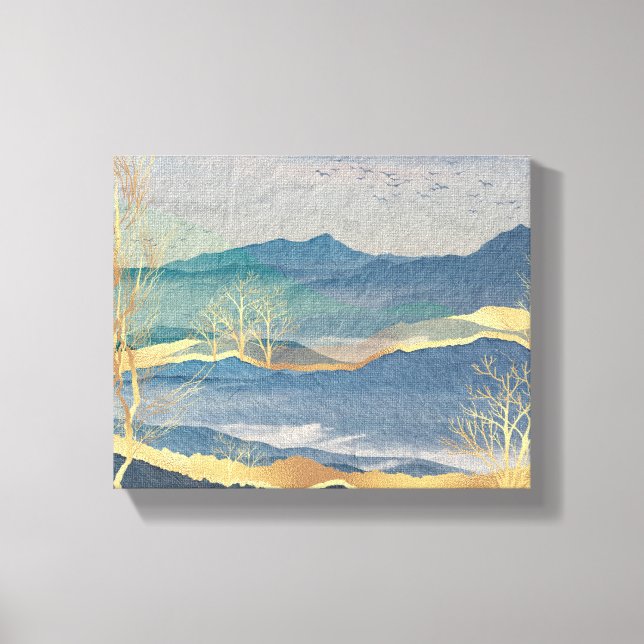 Glittering Gold & Blue Landscape Canvas Print Leinwanddruck (Vorderseite)