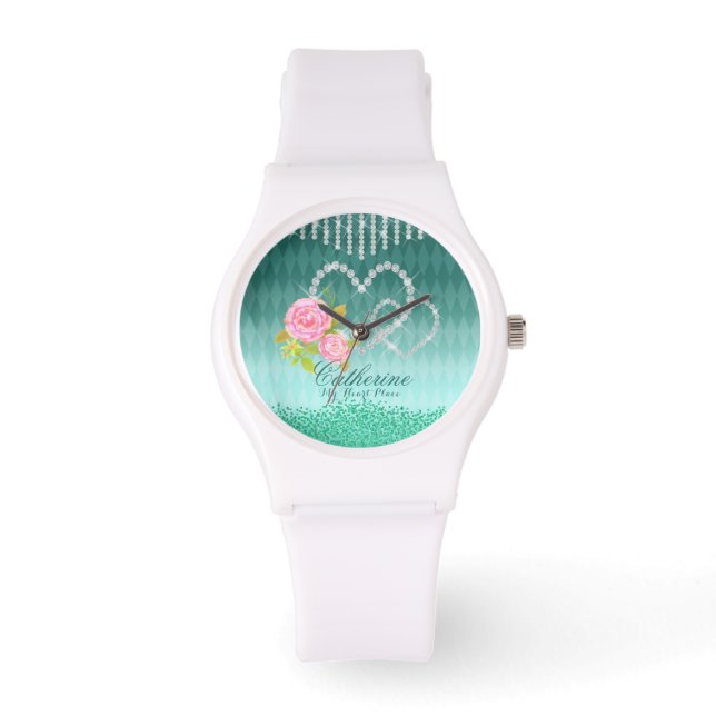 Glittering Hearts Floral Aqua Armbanduhr (Vorderseite)