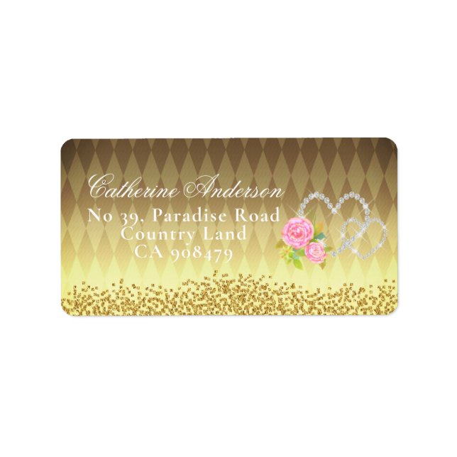 Glittering Hearts Floral Gold Adressaufkleber (Vorne)