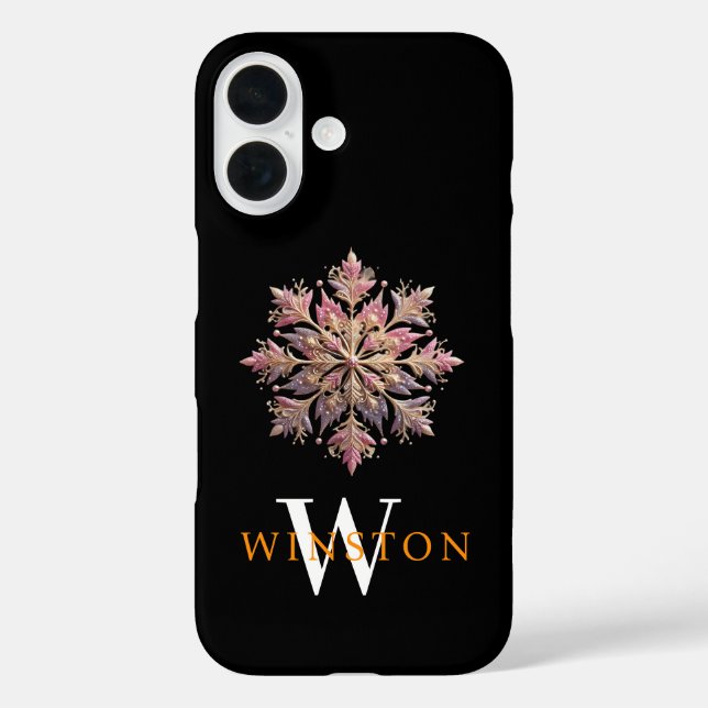 Glittering Pink Snowflake Elegance Monogram Black iPhone 16 Hülle (Rückseite)